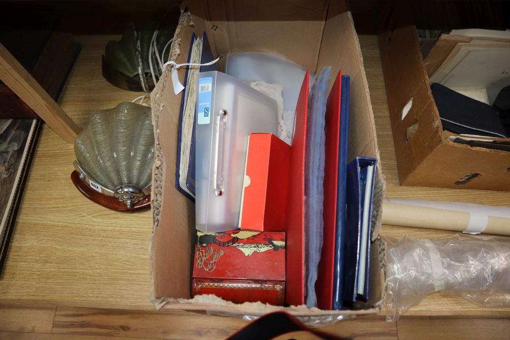 A collection of ephemera to include postcards, valentine and greetings cards, cigarette silks and cards tins, etc.